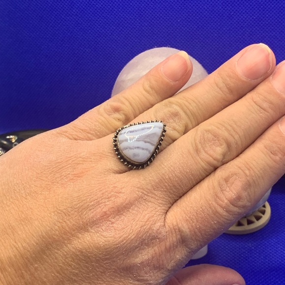 Comfort Curl ADJUSTABLE Dainty Genuine Blue Lace Agate Ring! .925 Silver Overlay - Picture 7 of 15